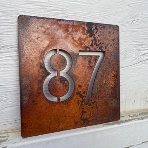 Rustic Square Metal House Number Plaque - Vintage Address Sign Rusty Lawn Decor - Modern House Number Corten House Number Rusty House Sign