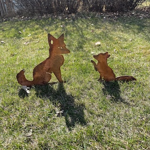 Pair of Charming Rustic Metal Foxes Garden Sculpture: Weathered Fox Outdoor Decor | Metal Fox Yard Art | Fox Garden Decor | Handmade Fox