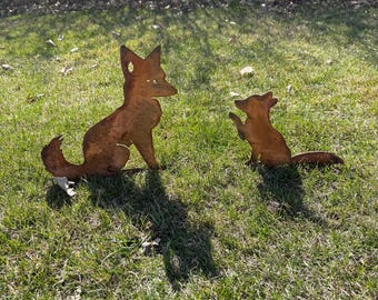 Pair of Charming Rustic Metal Foxes Garden Sculpture: Weathered Fox Outdoor Decor | Metal Fox Yard Art | Fox Garden Decor | Handmade Fox
