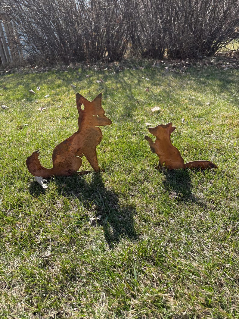 Metal Fox Table Pair of Charming Rustic Metal Foxes Garden Sculpture: Weathered Fox ...