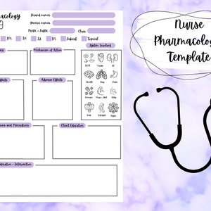 May include: A printable nurse pharmacology template with a stethoscope graphic. The template includes sections for brand name, generic name, route, indication, mechanism of action, side effects, adverse effects, contraindications and precautions, client education, and considerations and interventions.