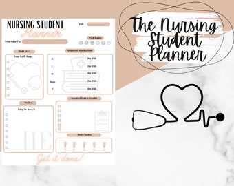 May include: A printable nursing student planner with a stethoscope and heart graphic. The planner includes sections for daily goals, study time, assignments, important tasks, and mood tracker. The text "The Nursing Student Planner" is at the top of the page.
