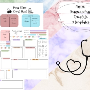 Peut inclure: Modèles imprimables de pharmacologie pour infirmières avec un stéthoscope et un cœur. Les modèles comprennent des sections pour la classe de médicaments, le nom de marque, le nom générique, le mécanisme d'action, les contre-indications, les interactions médicamenteuses et alimentaires, les effets secondaires, les effets indésirables et les instructions spéciales.