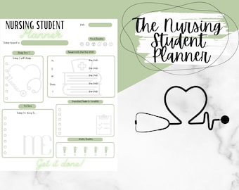 May include: A white and green nursing student planner with the text "Nursing Student Planner" and "Get it done!". The planner includes sections for study time, assignments, and important tasks. A stethoscope and heart graphic is also featured.