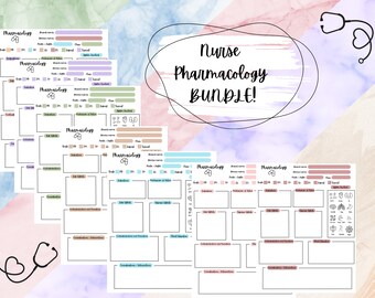 May include: A printable set of 8 "Nurse Pharmacology Bundle" worksheets. Each worksheet has a title "Pharmacology" and is divided into sections with headings like "Brand Name", "Generic Name", "Route", "Dose", "Mechanism of Action", "Side Effects", "Adverse Effects", "Contraindications", "Interactions", and "Nursing Considerations".