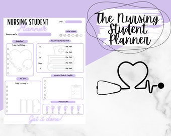 May include: A printable planner designed for nursing students. The planner features a purple and white color scheme with a stethoscope and heart graphic. The text "The Nursing Student Planner" is written in black at the top of the page.