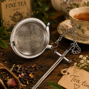 May include: A silver-colored stainless steel tea infuser featuring a spherical mesh basket and a long, sword-shaped handle. The infuser is connected to the handle by a short metal chain. The side of the mesh basket is stamped with the text SUS304.