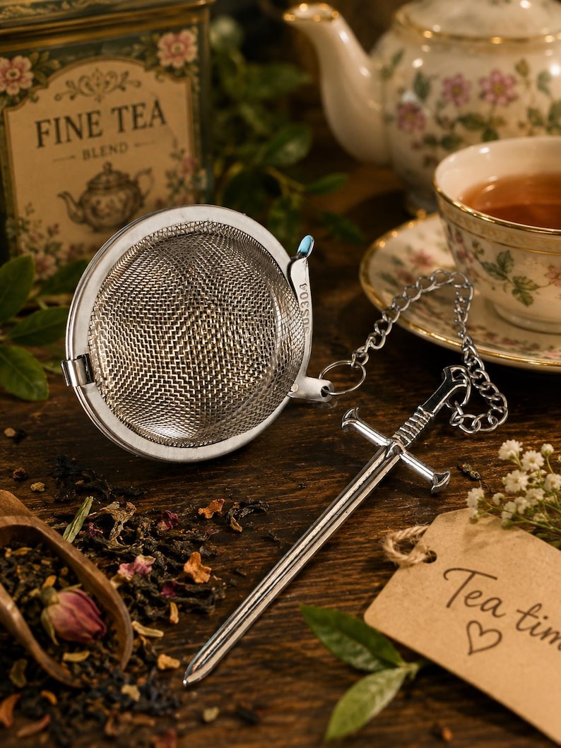 May include: A silver-colored stainless steel tea infuser featuring a spherical mesh basket and a long, sword-shaped handle. The infuser is connected to the handle by a short metal chain. The side of the mesh basket is stamped with the text SUS304.