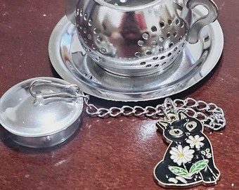 Mini tetera con dije de gato, 3 colores disponibles, acero inoxidable, oro, oro rosa, infusor de té, colador, regalo