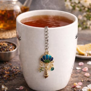 Seashell Tea Infuser Charm | Blue-Green Enamel, Gold Accents