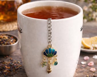 Seashell Tea Infuser Charm | Blue-Green Enamel, Gold Accents