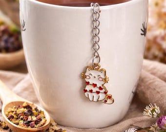 Infusor de té con forma de gato y corazones – Bola de malla de acero inoxidable – Colador de té kawaii – Regalo para amantes del té y los gatos