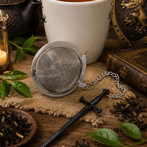 Puede incluir: Un infusor de té esférico de acero inoxidable con una malla fina y cierre de bisagra. Una cadena de metal plateado conecta el infusor a un mango negro con forma de espada. El texto SUS304 está grabado claramente en el lateral del infusor.