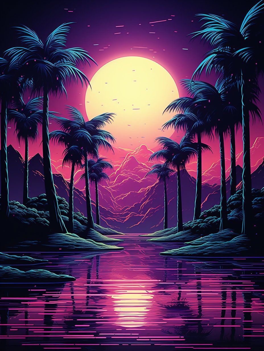 Coloring Book, Coloring Pages, Synthwave Style, Retro, Beach, Sunset