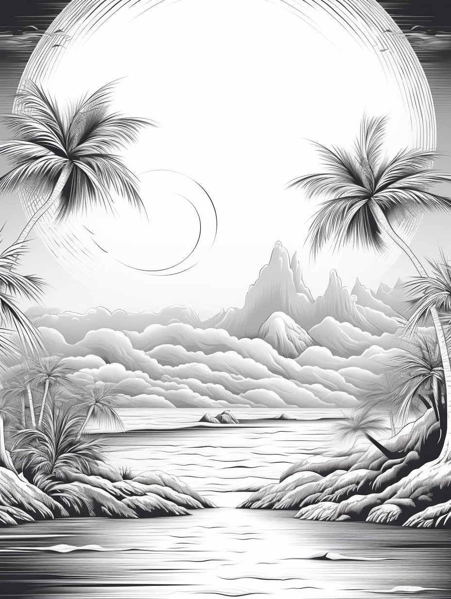 Coloring Book, Coloring Pages, Synthwave Style, Retro, Beach, Sunset