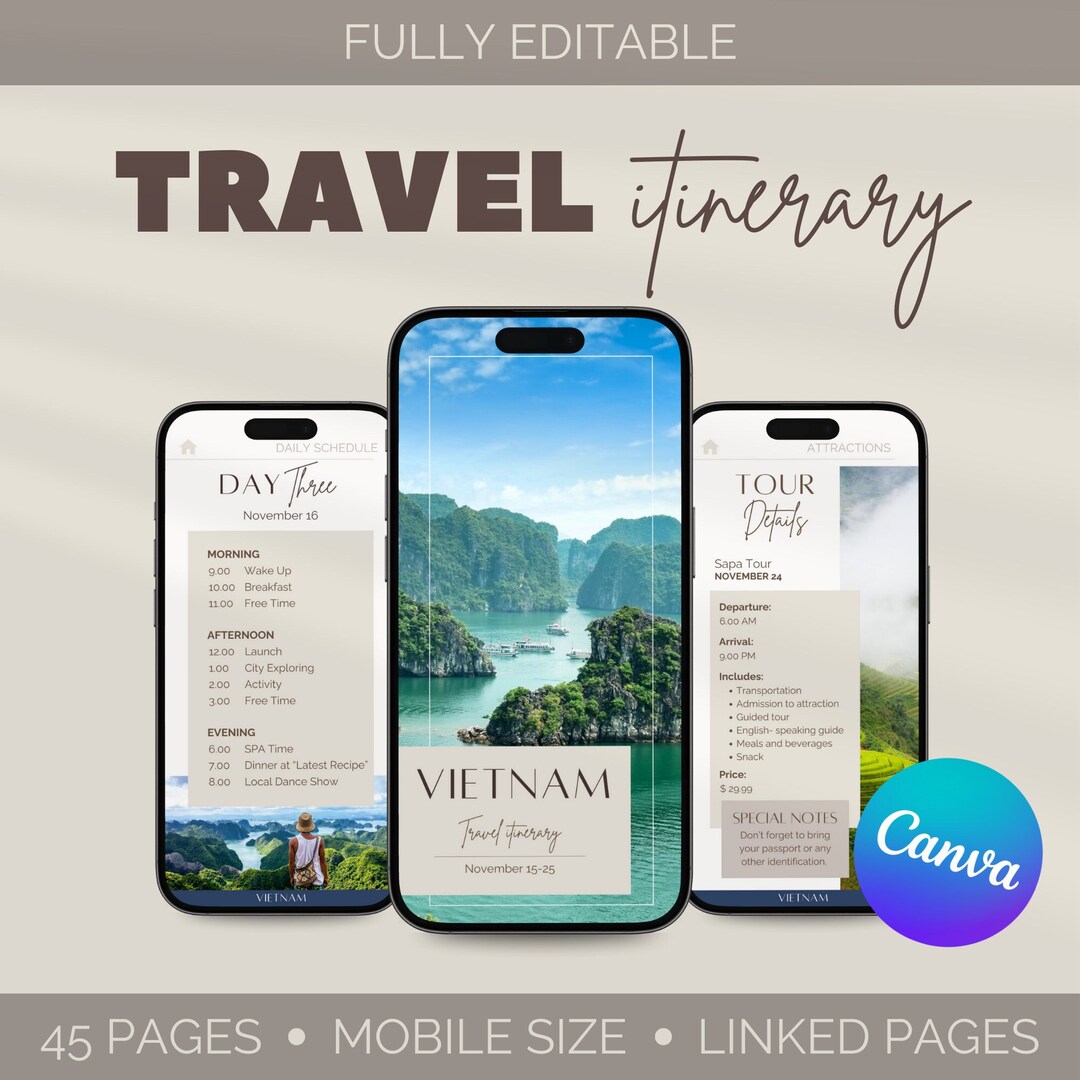 Mobile Travel Itinerary Template: 45-page Tour Planner (canva) - Etsy