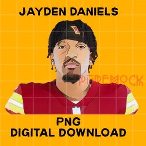 May include: Digital download of a cartoon illustration of a football player wearing a red and white jersey with a black headband. The player has a beard and is looking straight ahead. The text "JAYDEN DANIELS" is above the player and the text "PNG DIGITAL DOWNLOAD" is below the player.