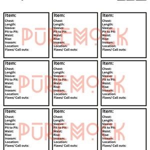 May include: A printable clothing measurement chart with nine sections for recording measurements. Each section includes fields for chest, length, sleeve, pit to pit, waist, rise, inseam, location, and flaws/call outs.