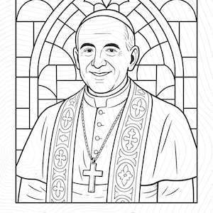 Può includere: Illustrazione in bianco e nero di Papa Leone XIV, raffigurato in stile vetrata. L'immagine mostra il Papa con una collana a croce e paramenti ornati. Il testo "POPE LEO XIV" è visualizzato nella parte inferiore.