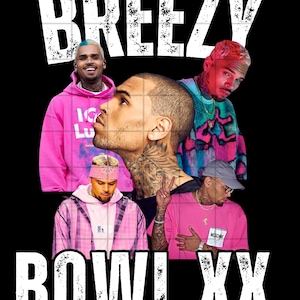 May include: Black graphic tee featuring multiple images of Chris Brown. The word "BREEZY" is printed in white at the top, and "BOWL XX" is printed at the bottom. The images of Chris Brown are in various poses and outfits.
