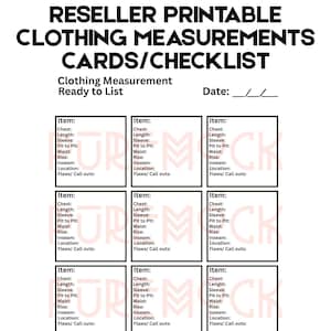 Reseller Clothing Measurement Guide, Cards, Chart, Template, Ebay, Poshmark Clothing Reseller Checklist, Listing Guide Spreadsheet Form Card