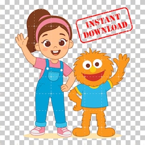 May include: Illustration of a cartoon girl in a pink shirt and blue overalls, waving. Beside her is an orange furry character in a blue shirt, also waving. The image has a red stamp that says "INSTANT DOWNLOAD".