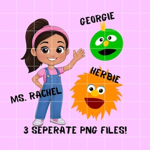 Archivos PNG de descarga digital de la Sra. Rachel, Herbie y Georgie, 3 archivos separados, imágenes prediseñadas, caricatura de la Sra. Rachel, descarga de la fiesta de cumpleaños de la Sra. Rachel