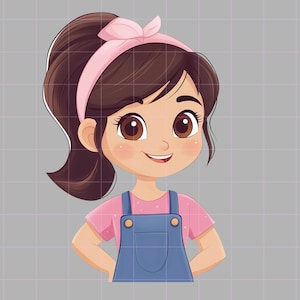 May include: A cartoon illustration of a girl with brown hair tied up in a ponytail with a pink ribbon. She is wearing a pink shirt with white polka dots and blue overalls.
