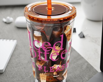 May include: A clear plastic tumbler with a brown lid and a brown straw. The tumbler has a design of iced coffee cups with the text "Iced Coffee Please" in pink.