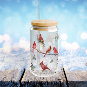 Birds Sipper Glass, 16oz - Cardinals and Chickadees, Glass Tumbler, Bird Lover Gift, Nature Themed Drinkware, Red Birds and Songbirds