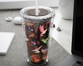 Tumbler, Watercolor Hummingbirds, Colorful Drinkware Cup, Summer Gift, Floral Travel Mug, Bird Lover Gift, Reusable Eco-Friendly Cup