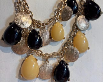 Goldtone Bib Chain Black and  Butterscotch Gems
