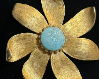 Marvella Goldtone Flower Pin Molded Aqua Glass