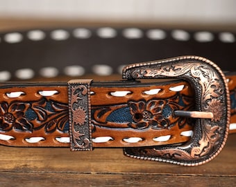 Cinto de cowboy de couro feito à mão: ferramentas gravadas, fivela de latão