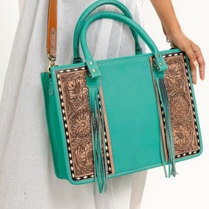Cartera de cuero / Bolso artesanal / Bolso con diseño floral / Monedero estilo western / Correa INCLUIDA, Cartera de cuero marrón para computadora portátil