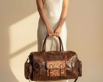 Handmade Western Engraved Leather Carryon her Duffle Bag: Full Grain Travel