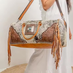 Rindsleder Western Leder Seesack mit Fransen und Edelstein, Große Weekender Bag Overnight Duffel Gepäcktaschen, Geschenk für ihn sie, Eltern