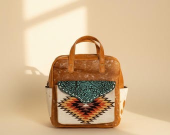 Kilim Cowhide Leather Backpack: Handmade Tooled Rucksack Diaper Bag
