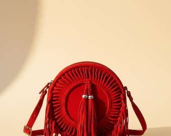 Red Suede Leather Fringe Crossbody Bag: Western Boho Festival Purse