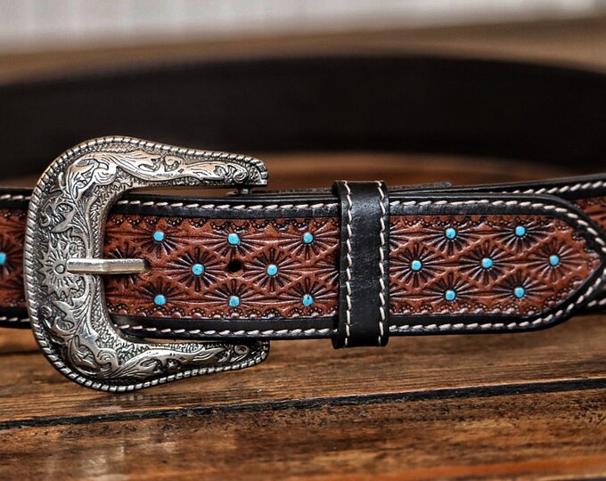 Western leather belt with turquoise polka dot, Handmade full grain cowboy/ cowgirl engraved leather belt,brass, gift for him/her