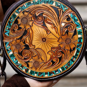 Runde punzierte Tasche, Handpunzierte Leder Crossbody Tasche, Türkis, Sling Bag, Floral Leder Geldbörse,Boho,Hippie Bag, Geschenk für Sie, Schwester, Mama