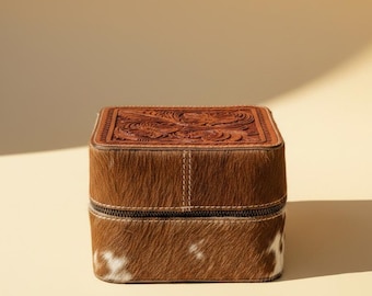 Cowhide Leather Jewelry Box: Western Tooled Travel Case