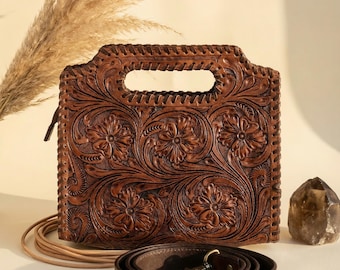 Braune Hand punziert Lederhandtasche | Whipstitch Western Medaillon Floral geschnitzte Tasche | Top Griff Clutch.