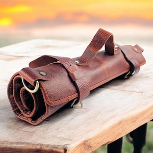 Handmade Full Grain Leather Tool Roll: Cognac Brown Craft Organizer