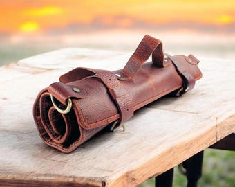 Handmade Full Grain Leather Tool Roll: Cognac Brown Craft Organizer