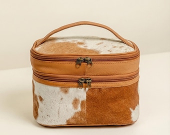 Handmade Cowhide Leather Makeup Bag: Travel Toiletry Organizer