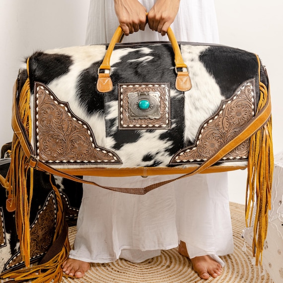 Cowhide Western LEATHER DUFFLE BAG with fringe and Gemstone, Large  Weekender Bag Overnight Duffel Luggage Bags, Gift for him her, Parents