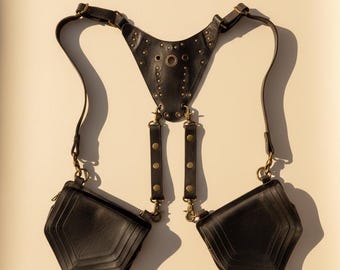 Black Leather Shoulder Holster: Unisex Utility Vest with Brass Studs