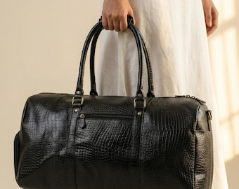 Leather Travel Duffle Bag | Croc Embossed Overnight Weekender Duffel Bag
