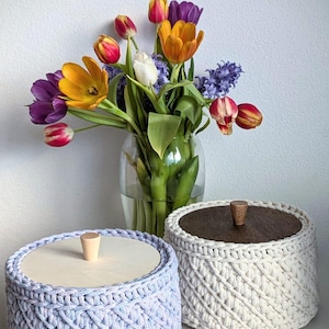 Puede incluir: Dos cestas redondas con tapa, una azul claro y otra blanca, una al lado de la otra. Las cestas están hechas de un material tejido. Un jarrón con coloridos tulipanes y otras flores está detrás de las cestas.